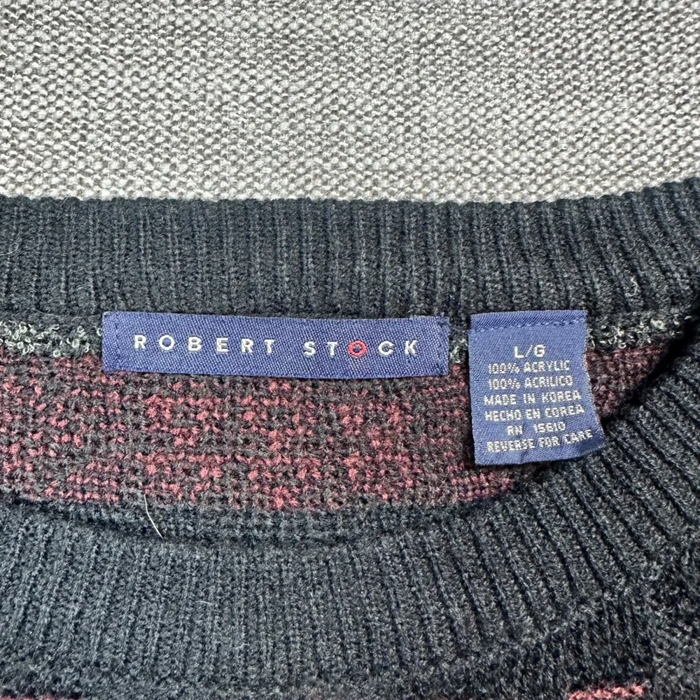 Robert Stock Sweater Mens Large Black Burgundy Fair Isle Vintage  Knit